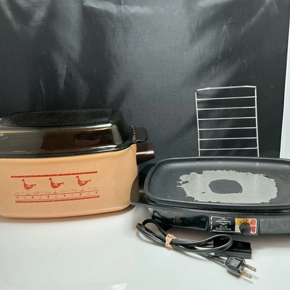 Vtg West Bend 6 Qt Slow Cooker Griddle Amber Glass Lid Chicken Rooster Tested